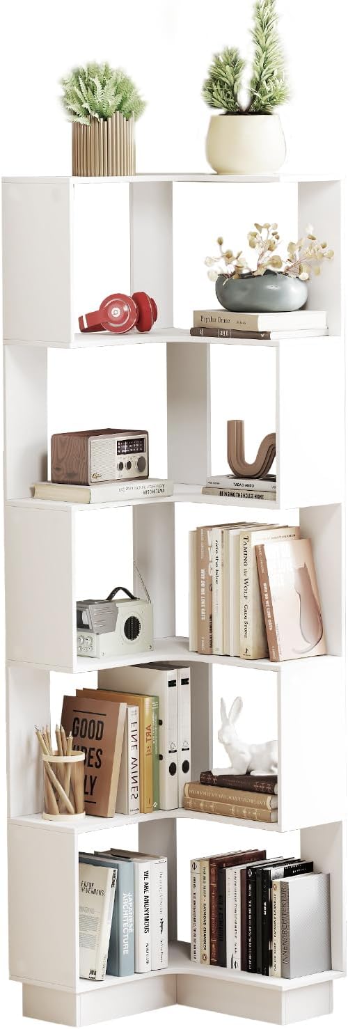 Corner Bookshelf, 68.9" Tall Wooden Corner Bookcase 5 Tiers L-Shaped Storage - Image 9