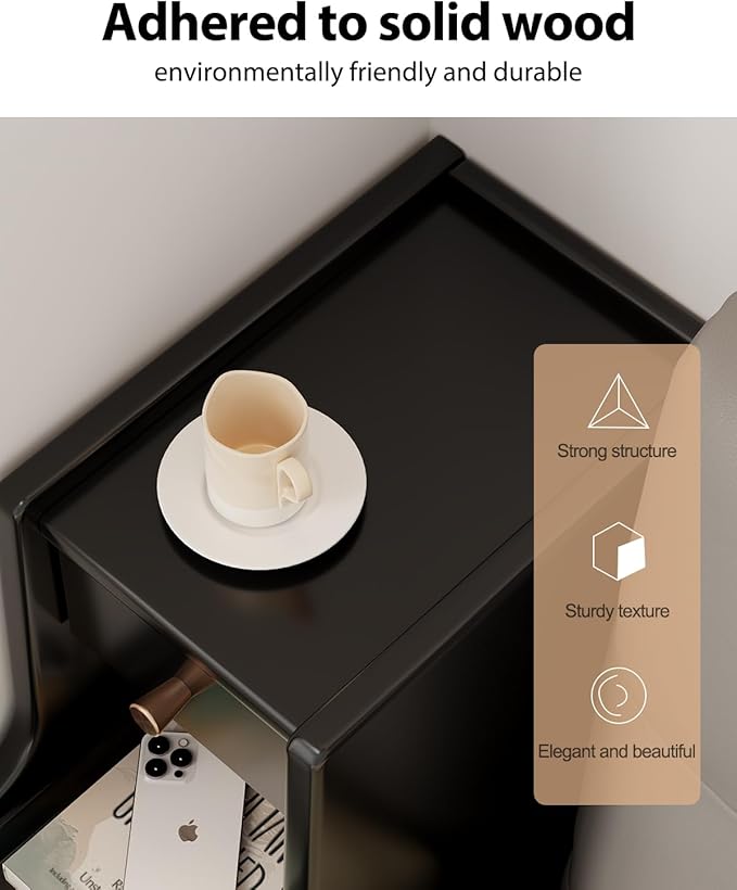 Narrow Nightstand with 3 Drawers, Solid Wood Narrow Bedside Tables, Small - Image 4