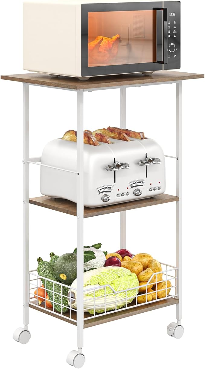 Microwave Cart with Storage, 3-Tier Rolling Kitchen Stand with Basket, Wood and - Image 7
