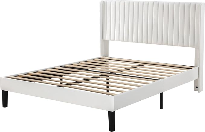 Allewie Queen Size Velvet Bed Frame/Vertical Channel Tufted Wingback - Image 8