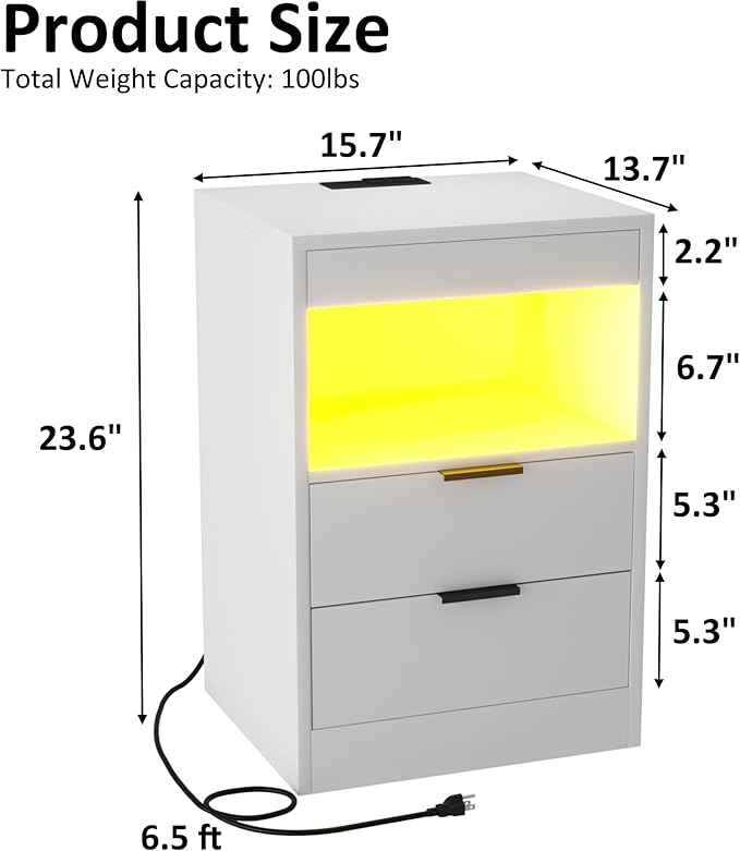 Gadroad LED Nightstand with Charging Station, Bedside Table with 3 Drawers and - Image 2