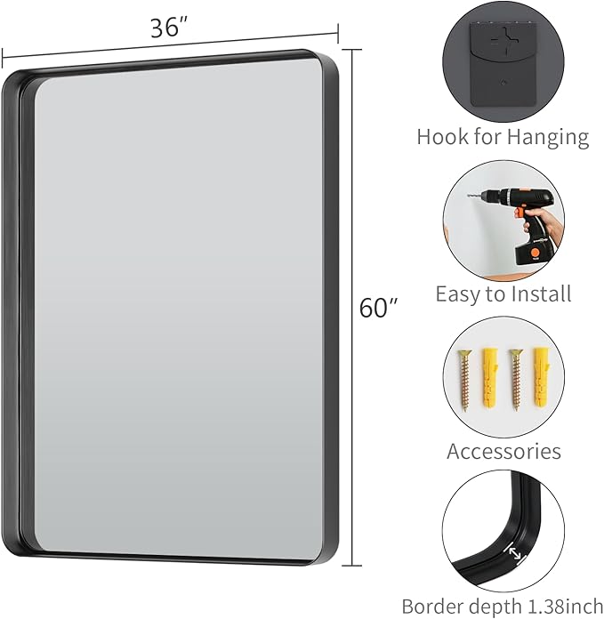 Koonmi Black Wall Mirror for Bathroom, 36x60 Inch Matte Deep Framed Rounded - Image 5