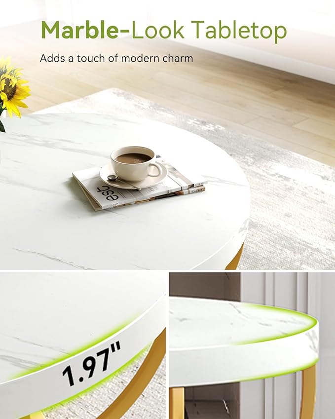 LITTLE TREE Round Coffee Table, 2-Tier Golden Metal Legs Accent Center Table - Image 6