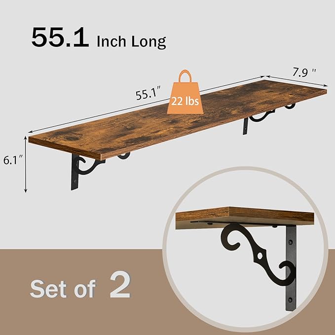 DINZI LVJ Long Wall Shelves, 55.1" Large Floating Shelves Set of 2, Wide - Image 3