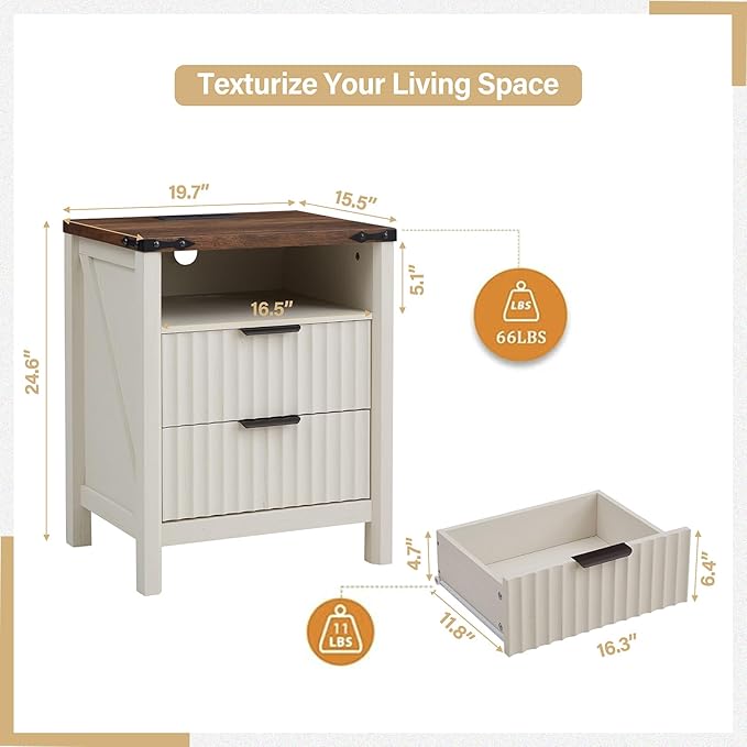 Antique White Nightstand with Charging Station Set of 2-20 Inch Wide Farmhouse - Image 3