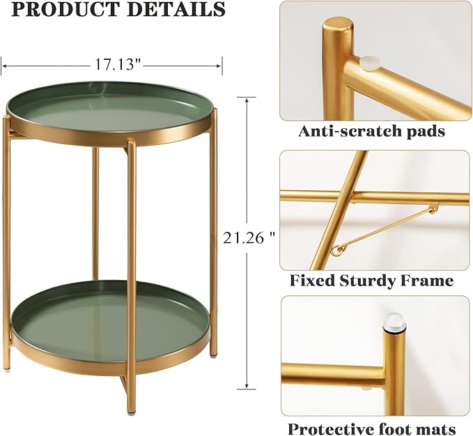 TeoKJ 2 Tier Gold Side Table, Folding Round Metal End Table Small Nightstand - Image 3