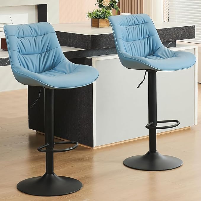 Kidol & Shellder Bar Stools Set of 2 Adjustable Swivel Blue, PU Leather by KidolShellder