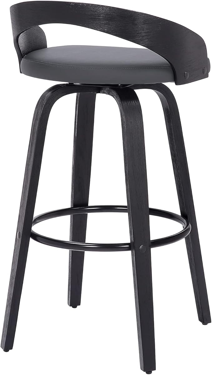 Armen Living Sonia 30" Bar Height Swivel Gray Faux Leather and Black Wood Bar - Image 9