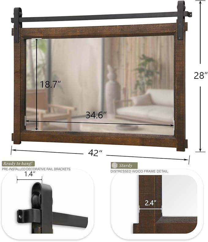 Bathroom Barn Door Mirror: 42"x28" Brown Farmhouse Wood Frame - Image 6