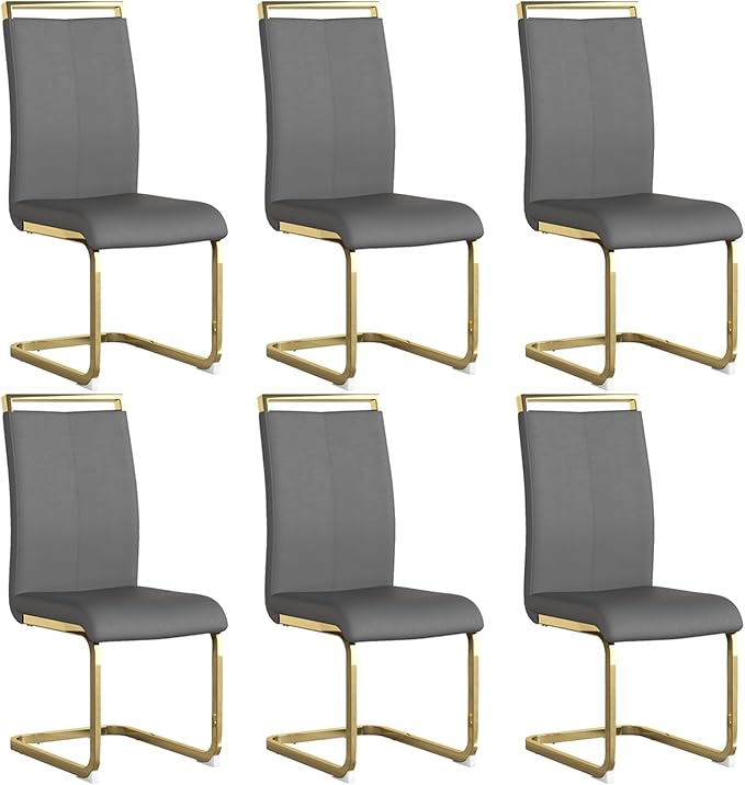 Modern Dining Chairs Set of 6, High Back Grey Kitchen Chairs, Faux Leather Side by Gopop
