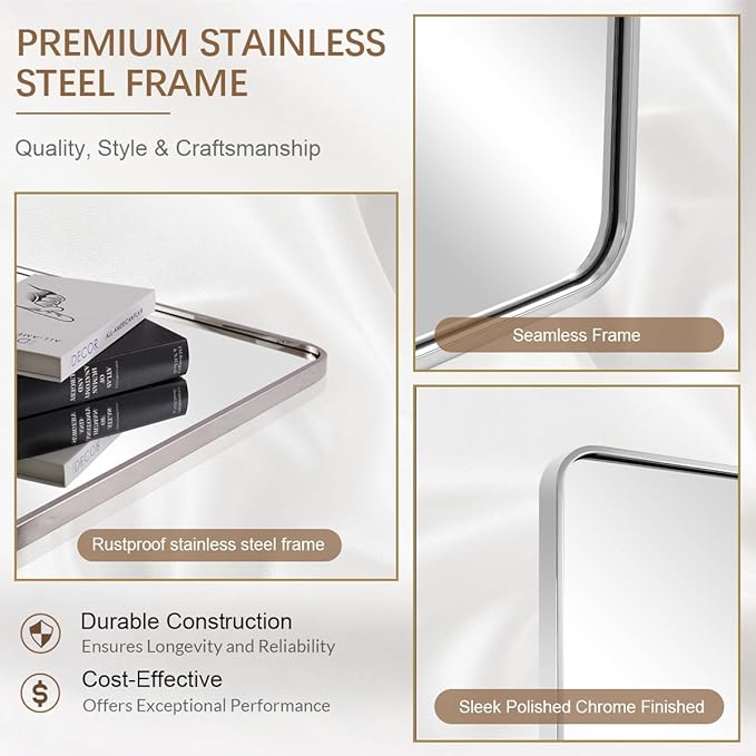 ANDY STAR 48x32 Inch Chrome Bathroom Mirror, Chrome Bathroom Vanity Mirror - Image 4