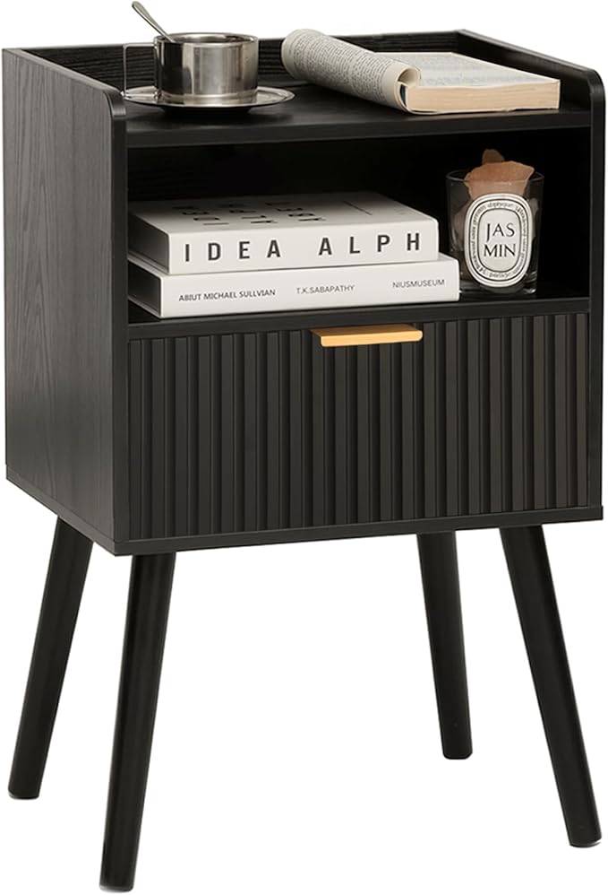 AWASEN Black Fluted Nightstand, Modern Bedside Table by AWASEN