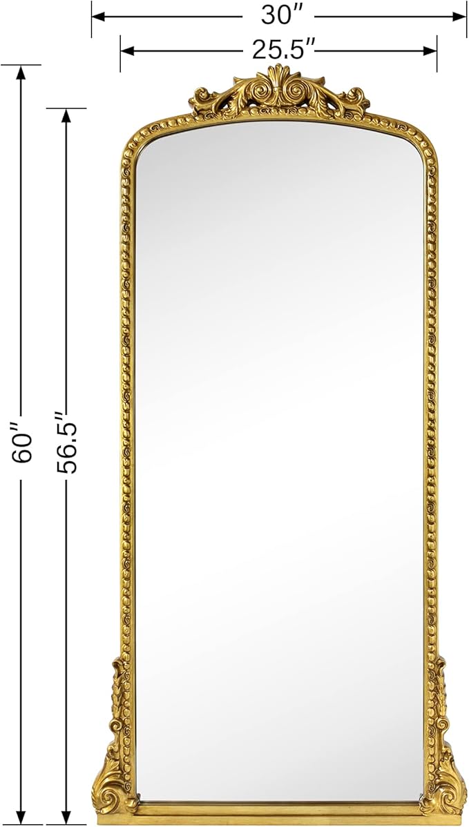 Traditional Ornate Floor Mirror Gold Arched Framed Full Length Wall Mirror - Image 6