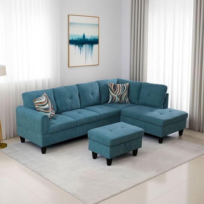 Green L-Shaped 3-Piece Flannel Sofa by Unknown