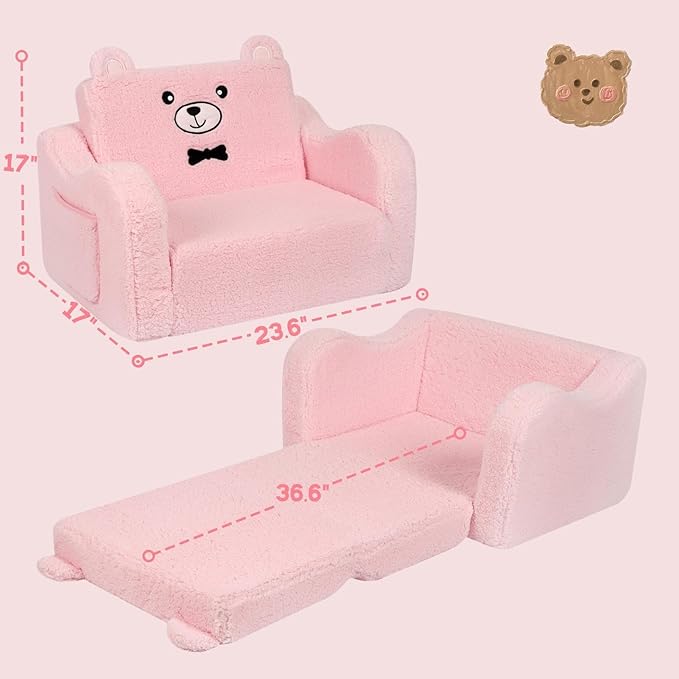 Kids Chairs for Toddler, 2-in-1 Toddler Soft Sherpa Couch Fold Out, Convertible - Image 3