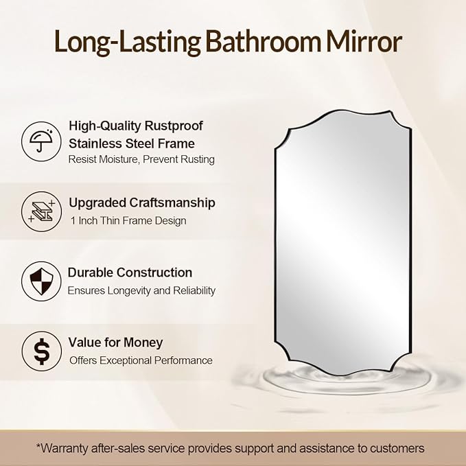 Black Scalloped Vanity Mirror, Matte Black Bathroom Mirrors, Metal Framed Black - Image 6
