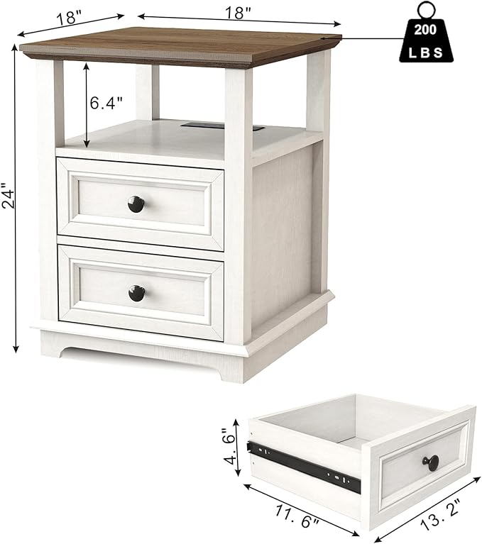 End Table with Fast USB C Charging Station, Large Storage Rustic Wood Square - Image 3