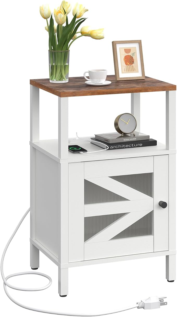 Farmhouse Nightstand with Charging Station, End Table with Storage, Acrylic Door - Image 9
