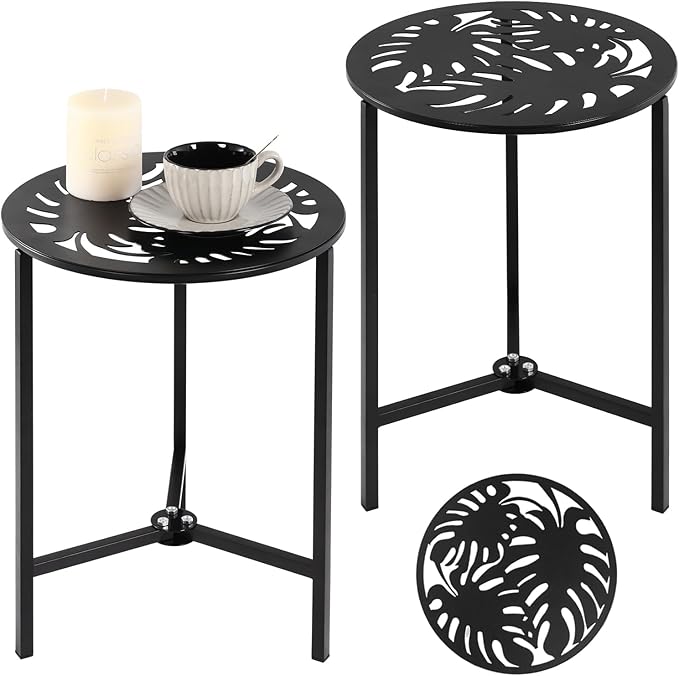 2 Packs 13" Metal Outdoor Side Tables Small Black Outside End Table by Party+Zealot