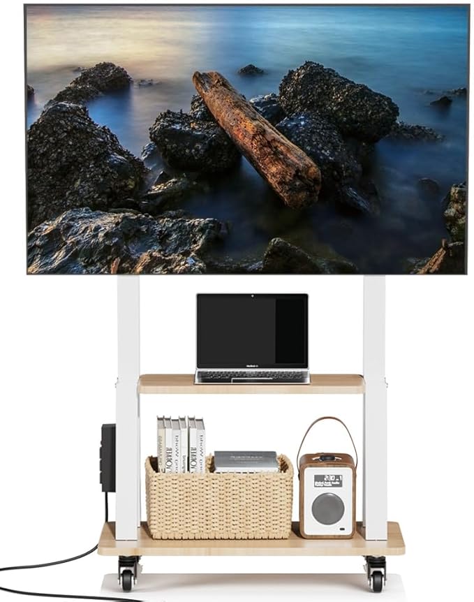 Mobile TV Stand with Power Outlet, Wood Shelf Portable TV Stand on Wheels by Unknown