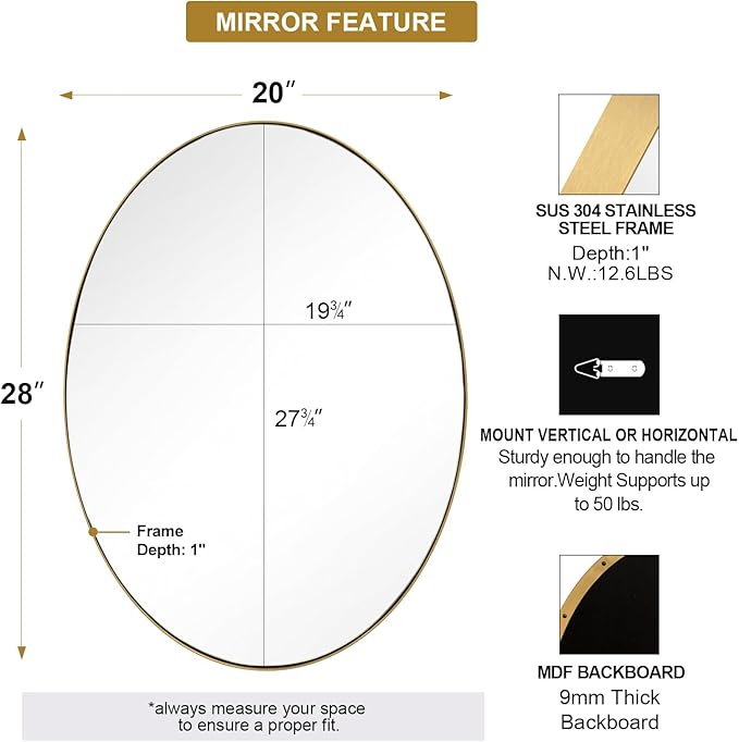ANDY STAR Gold Oval Mirrors for Bathroom, 20x28 Inch Brushed Gold Stainless - Image 2