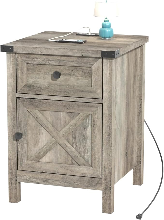 Rustic Nightstand with Charging Station, Night Stand with Barn Door and Drawer - Image 7