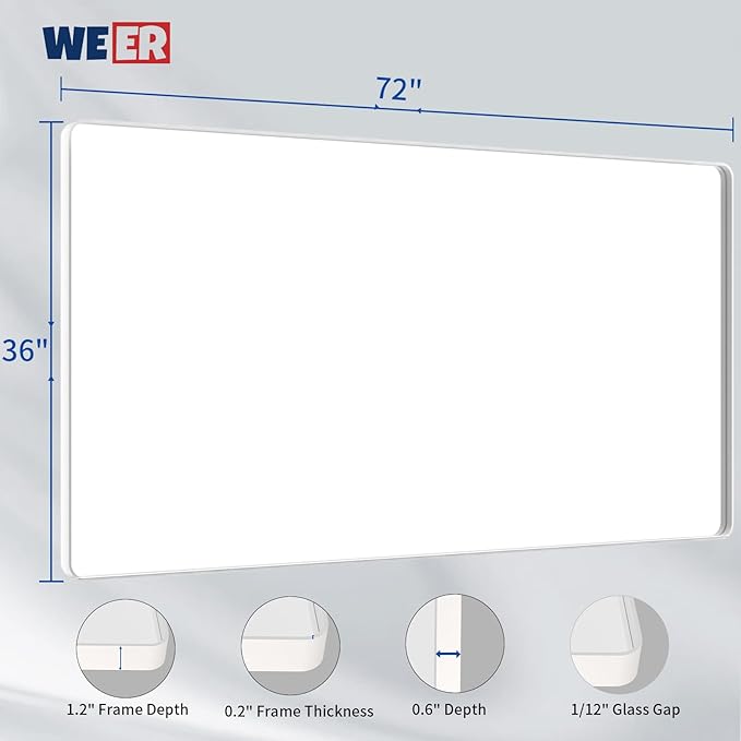 WEER White Bathroom Mirror 72X36 Inch, Rounded Rectangle White Metal Frame - Image 6