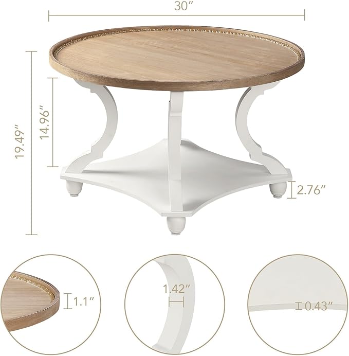 Wnutrees Farmhouse Round Coffee Table, Wood Tray Top Circle Coffee Table - Image 3