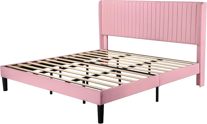 Allewie King Size Velvet Bed Frame/Vertical Channel Tufted Wingback - Image 8