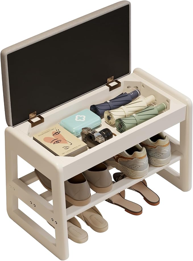 Small Shoe Bench with Cushion, 2 Tiers Shoe Rack Bench with Flip-Top Storage by AQIMUELE-Solidwoodfurniture