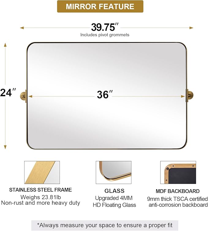 MOON MIRROR 36" x 24" Brushed Gold Rectangle Bathroom Mirror, Tilting Rounded - Image 4