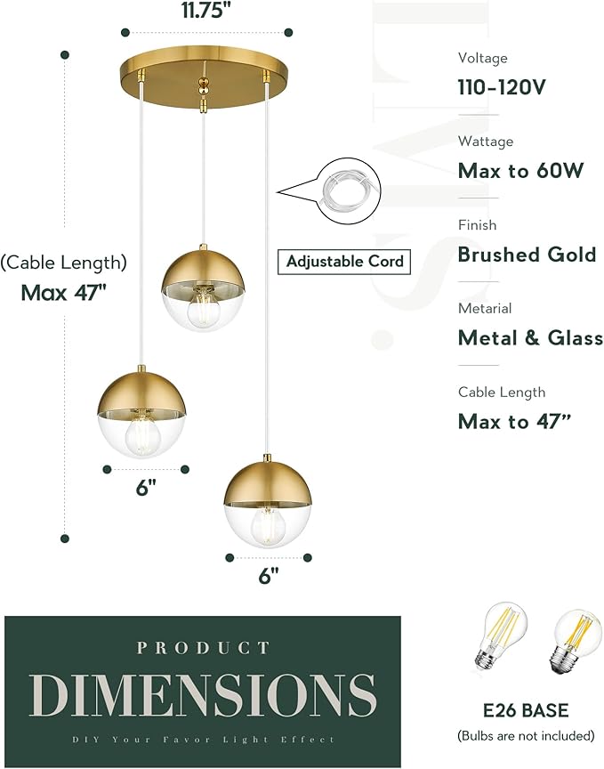 LMS Brushed Gold 3-Light Cluster Pendant Lights, Modern Dining Room Light - Image 4