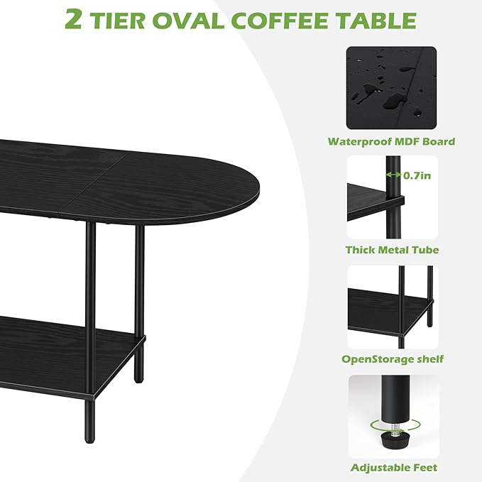 ETELI Black Coffee Tables for Living Room 2-Tier Small Oval Coffee Table Wood - Image 7