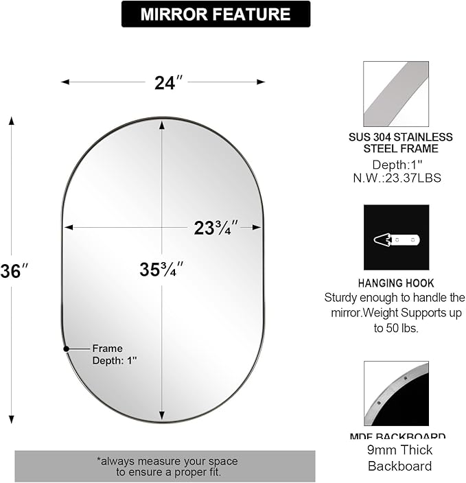 ANDY STAR Chrome Bathroom Mirror 24x36, Chrome Mirror Oval, Polished Silver - Image 2