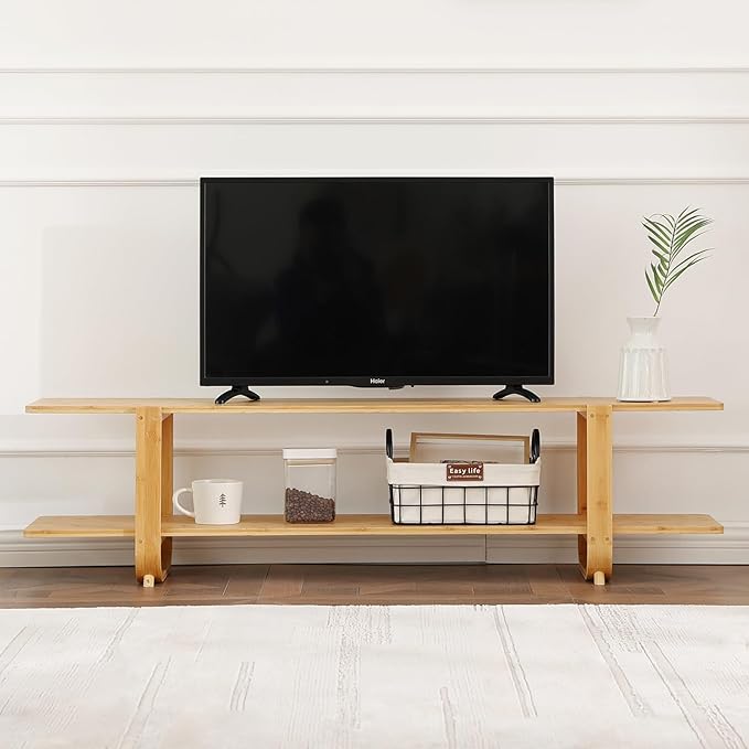Welnow Bamboo TV Stand for Up to 65 Inch, Mid Century Modern Entertainment - Image 9