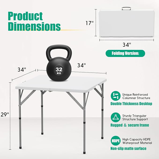 HLPB 34'' Square Folding Card Table, Fold-in-Half Portable Dining Table - Image 2