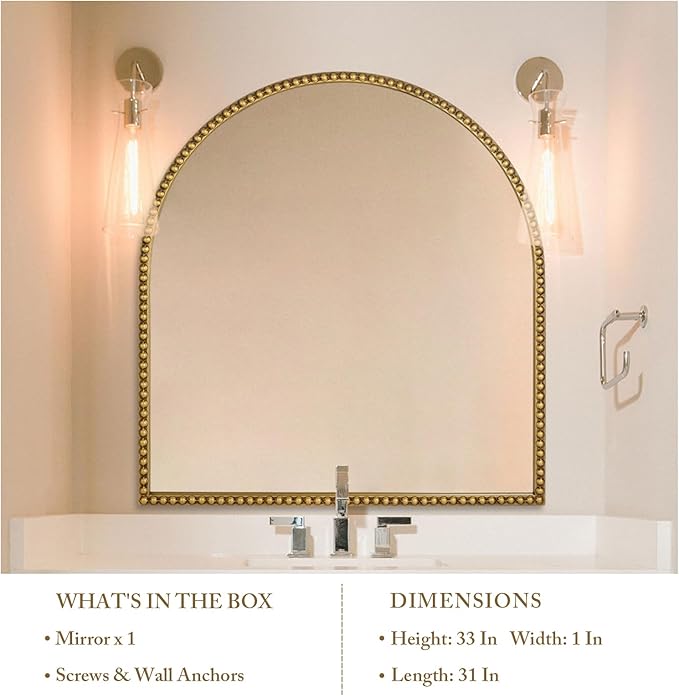 33x31 Inch Arched Bathroom Mirror, Antique Gold Wall Mirror Metal Beaded Frame - Image 5