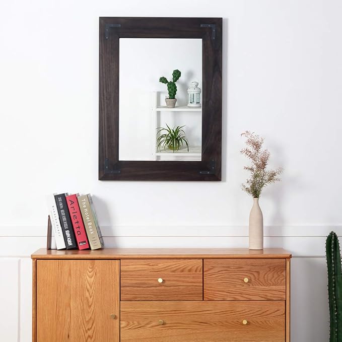 YOSHOOT Rustic Wooden Framed Wall Mirror, Natural Wood Bathroom Vanity Mirror - Image 5