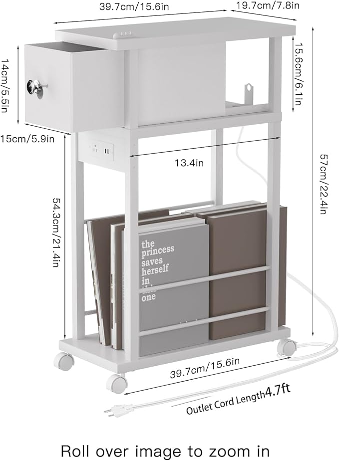 Side Table with Charging Station and Drawer, Narrow End Table with USB Ports - Image 3