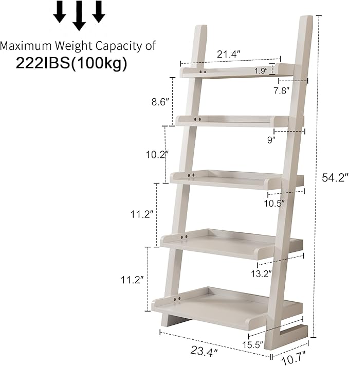 White Wooden Ladder Shelf with Edges, 5-Tier Modern Leaning Bookshelf Ladder – - Image 2