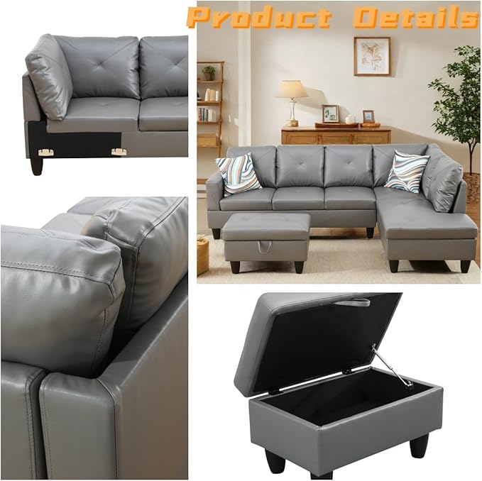L Shaped Sectional Couch with Otttoman, Apartments, Dark Grey - Image 4