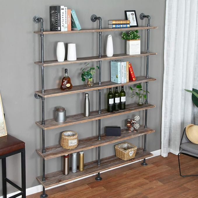 Industrial 6-Tiers Modern Ladder Shelf Bookcase, Solid Wood Storage Shelf - Image 7