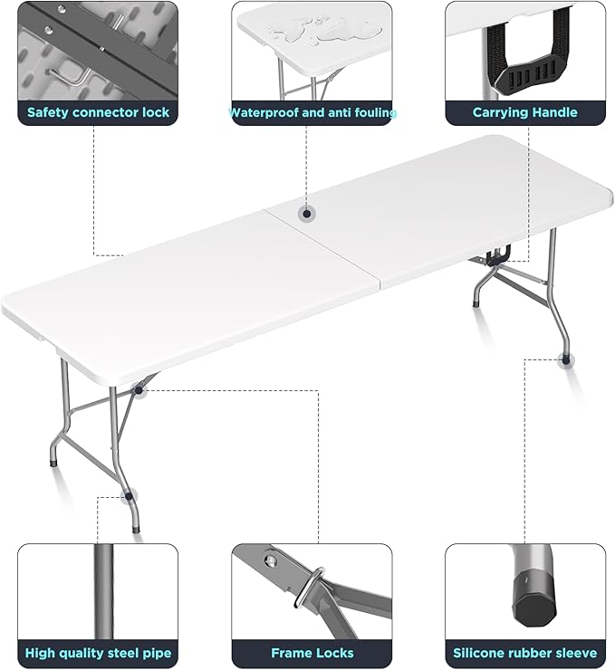 HLPB Folding Table Picnic Table, 8 ft Portable Camping Table - Image 3