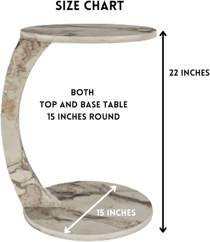 C Shaped End Table for Couch Small Places, Faux Marble White Space Saver Round - Image 2