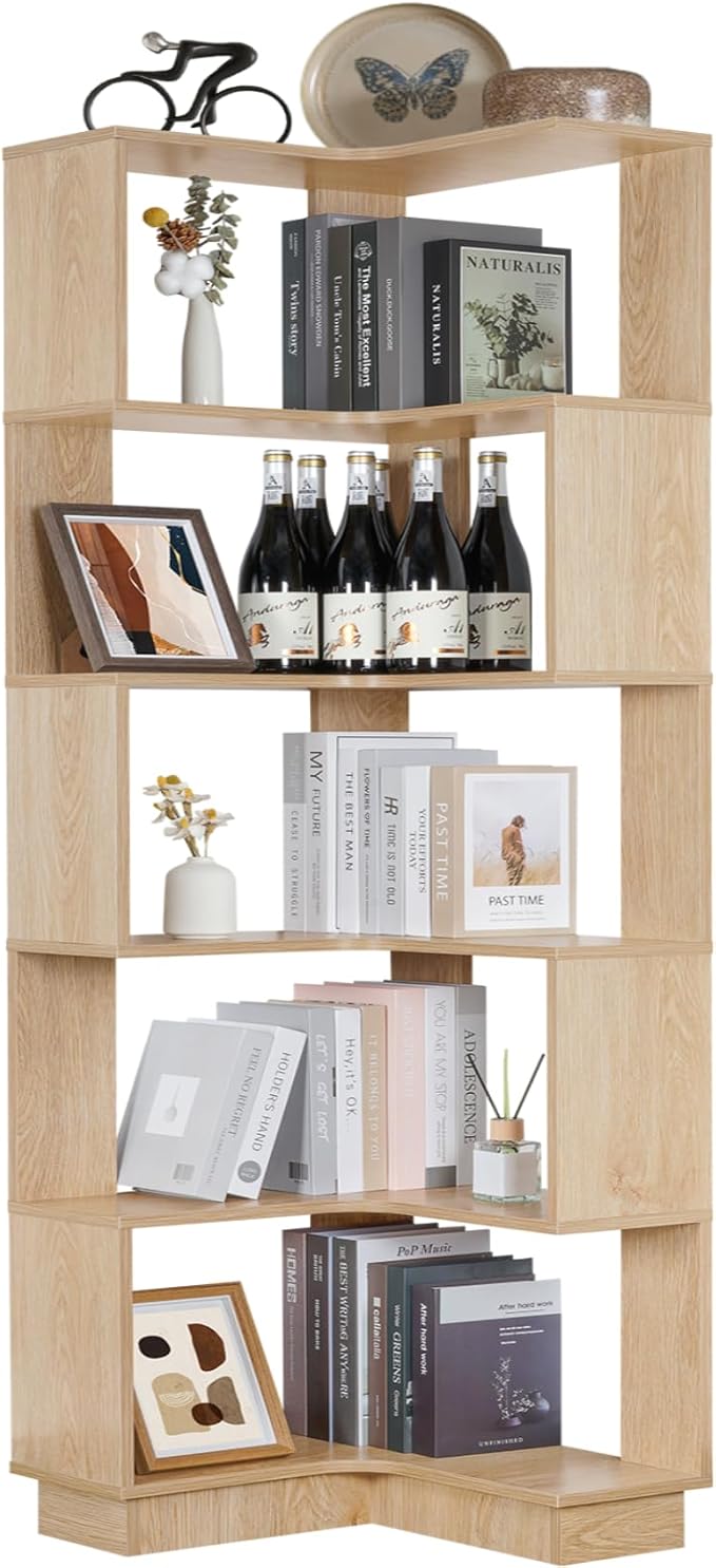 Wooden Corner Bookcase, 5 Tiers Corner Bookshelf 68.9" L-Shaped Storage Display - Image 9