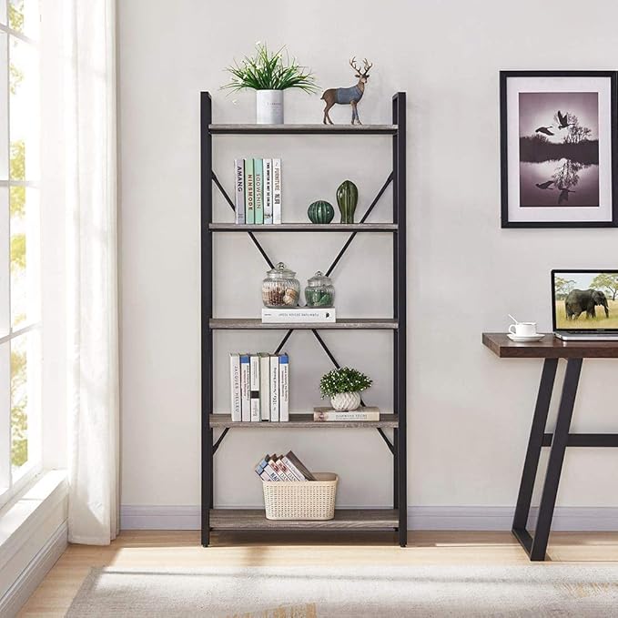 BON AUGURE Industrial Bookshelf, Etagere Bookcases and Book Shelves 5 Tier - Image 8