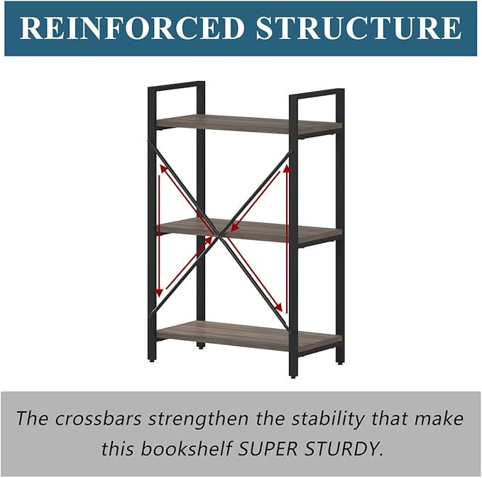 BON AUGURE 3 Tier Bookshelf, Small Rustic Book Shelf, Short Industrial Bookcase - Image 5