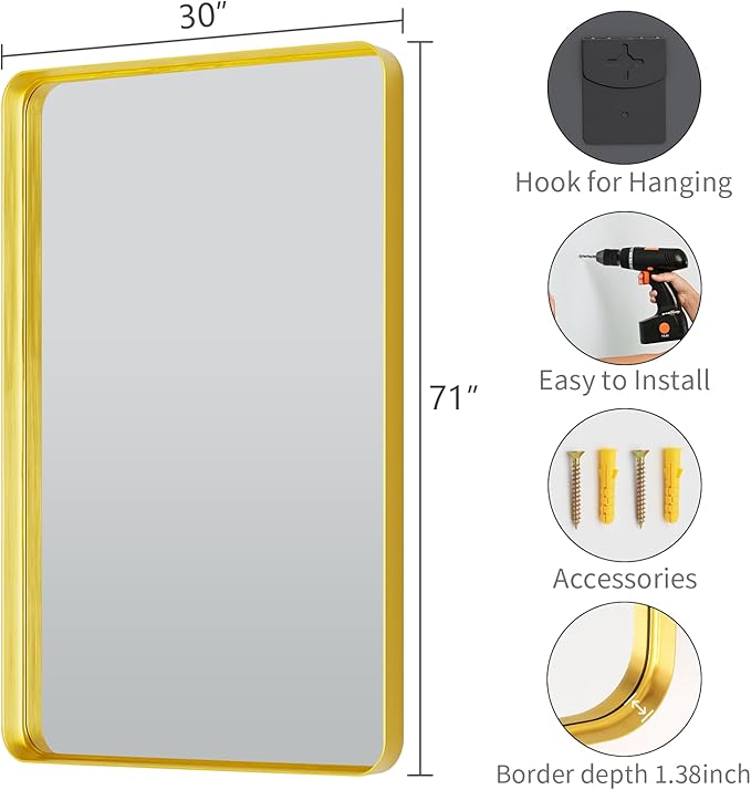 Koonmi Gold Bathroom Mirror for Wall, 30x71 Inch Matte Metal Deep Framed - Image 3