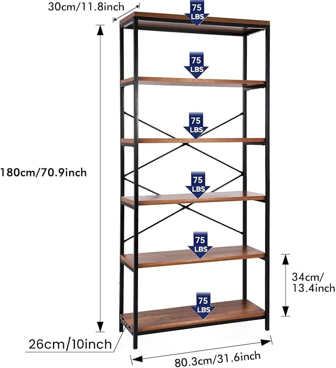 Himimi 6 Tier Industrial Bookshelf, Vintage Standing Storage Shelf, Display - Image 3