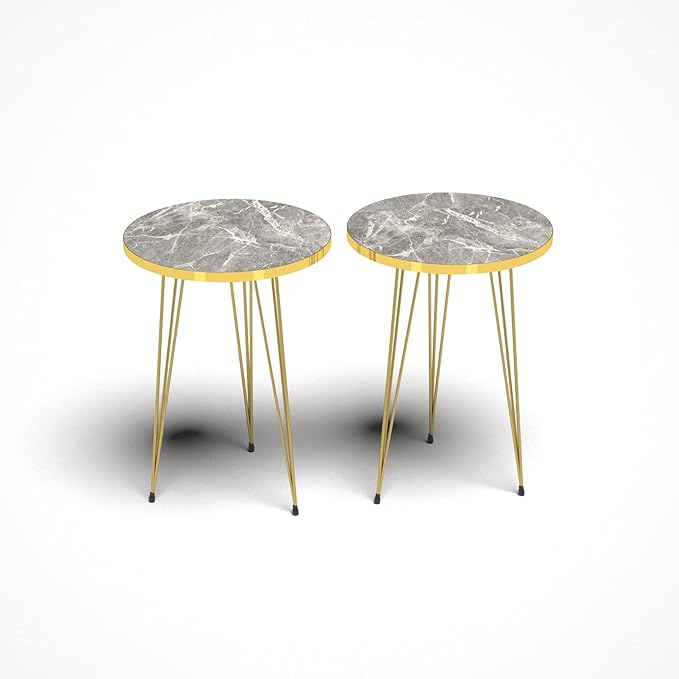 PAK HOME - Set of 2 End Table - High Gloss Shiny Grey Marble Look Round Wood - Image 4